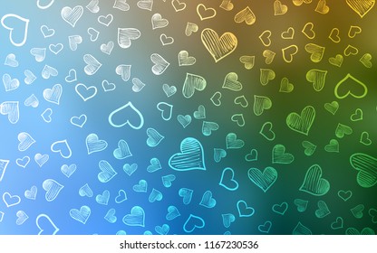 Light Blue, Green vector template with doodle hearts. Illustration with hearts in love concept for valentine's day. Pattern for carnival, festival romantic leaflets.