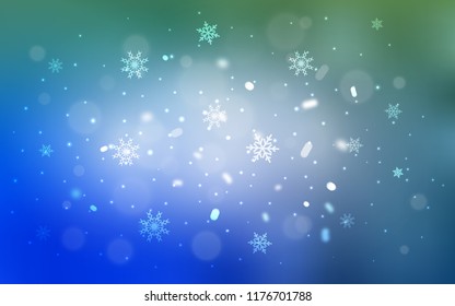 Light Blue, Green vector template with ice snowflakes. Snow on blurred abstract background with gradient. The pattern can be used for new year leaflets.