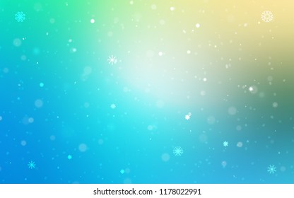 Light Blue, Green vector template with ice snowflakes. Snow on blurred abstract background with gradient. New year design for your ad, poster, banner.