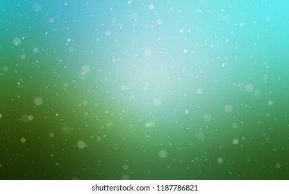 Light Blue, Green vector template with ice snowflakes. Snow on blurred abstract background with gradient. The template can be used as a new year background.