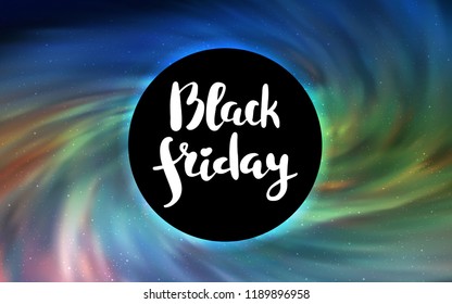Light Blue, Green vector template with a black hole, space. Colorful illustration of a black hole on a starry backdrop. Black Friday design for ads, commercials.