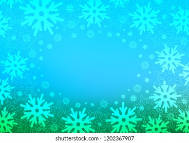 Light Blue, Green vector template with ice snowflakes. Blurred decorative design in xmas style with snow. The template can be used as a new year background.
