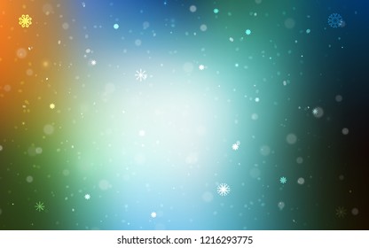 Light Blue, Green vector template with ice snowflakes. Blurred decorative design in xmas style with snow. The pattern can be used for new year leaflets.