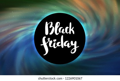 Light Blue, Green vector template with a black hole, space. Colorful black hole with shining night sky stars. Template for Black Friday sales.