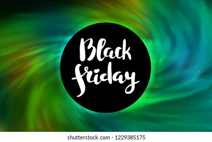 Light Blue, Green vector template with a black hole, space. Illustration with colorful milky way stars and a black hole. Backdrop for super sales on Black Friday.