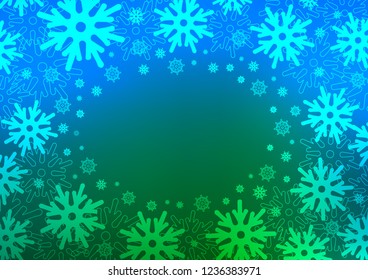 Light Blue, Green vector template with ice snowflakes. Snow on blurred abstract background with gradient. The pattern can be used for new year ad, booklets.