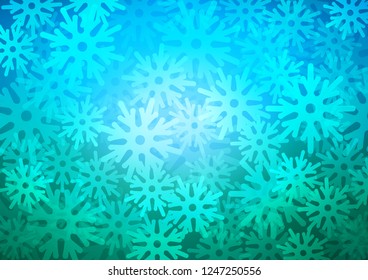Light Blue, Green vector template with ice snowflakes. Snow on blurred abstract background with gradient. New year design for your ad, poster, banner.
