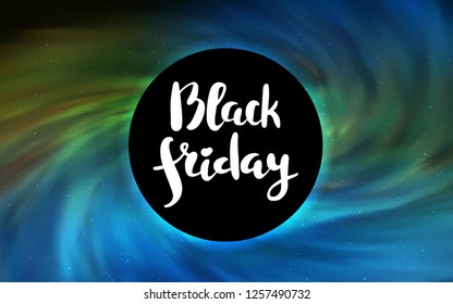 Light Blue, Green vector template with a black hole, space. Illustration with colorful milky way stars and a black hole. Black Friday design for ads, commercials.