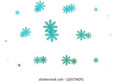 Light Blue, Green vector template with ice snowflakes. Decorative shining illustration with snow on abstract template. The pattern can be used for new year leaflets.