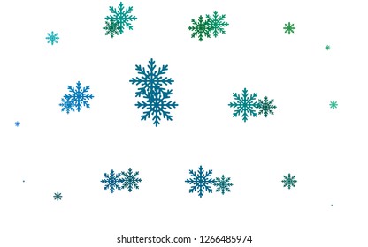Light Blue, Green vector template with ice snowflakes. Shining colored illustration with snow in christmas style. The pattern can be used for new year ad, booklets.