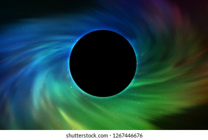 Light Blue, Green vector template with a black hole, space. Illustration with colorful milky way stars and a black hole. Template for Black Friday sales.