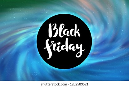 Light Blue, Green vector template with a black hole, space. Colorful illustration of a black hole on a starry backdrop. Template for Black Friday sales.