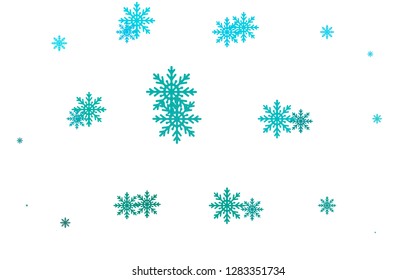 Light Blue, Green vector template with ice snowflakes. Snow on blurred abstract background with gradient. The pattern can be used for new year leaflets.