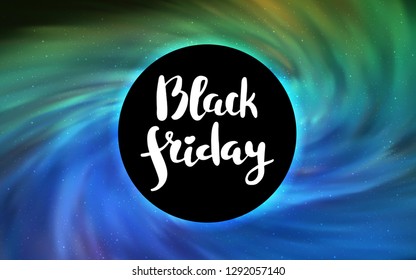 Light Blue, Green vector template with a black hole, space. Colorful illustration of a black hole on a starry backdrop. Pattern for posters, banners of sales.