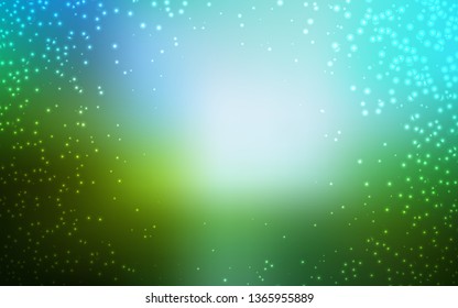 Light Blue, Green vector template with space stars. Shining colored illustration with bright astronomical stars. Pattern for futuristic ad, booklets.