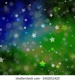 Light Blue, Green vector template with circles, stars. Glitter abstract illustration with colorful drops, stars. Pattern for design of fabric, wallpapers.