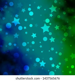 Light Blue, Green vector template with circles, stars. Glitter abstract illustration with colorful drops, stars. Design for textile, fabric, wallpapers.