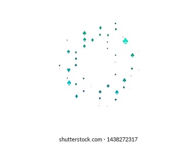 Light Blue, Green vector template with poker symbols. Glitter abstract sketch with isolated symbols of playing cards. Template for business cards of casinos.