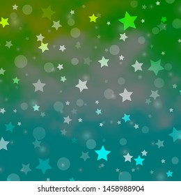 Light Blue, Green vector template with circles, stars. Glitter abstract illustration with colorful drops, stars. Pattern for design of fabric, wallpapers.