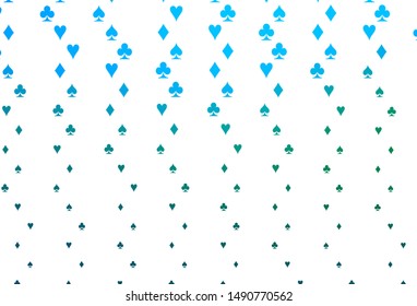 Light Blue, Green vector template with poker symbols. Shining illustration with hearts, spades, clubs, diamonds. Template for business cards of casinos.