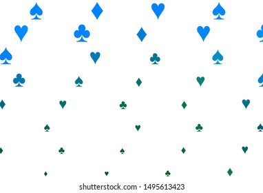 Light Blue, Green vector template with poker symbols. Blurred decorative design of hearts, spades, clubs, diamonds. Pattern for ads of parties, events in Vegas.