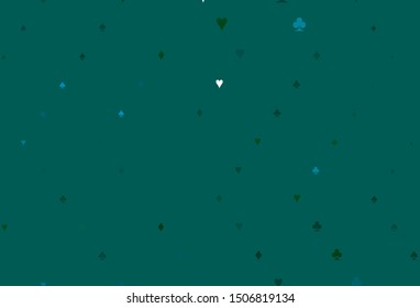 Light Blue, Green vector template with poker symbols. Colorful gradient with signs of hearts, spades, clubs, diamonds. Pattern for ads of parties, events in Vegas.