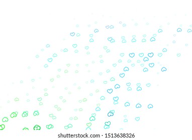 Light Blue, Green vector template with doodle hearts. Hearts on blurred abstract background with colorful gradient. Design for your business advert of anniversary.