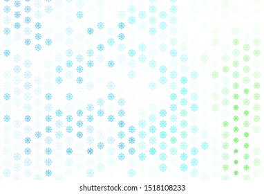 Light Blue, Green vector template with ice snowflakes. Shining colorful illustration with snow on abstract template. Pattern for new year ad, booklets.