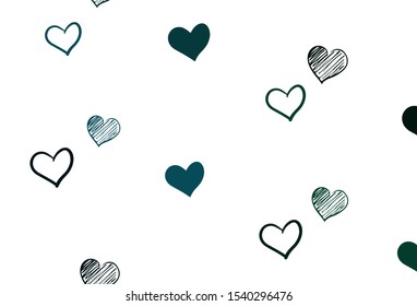 Light Blue, Green vector template with doodle hearts. Decorative shining illustration with hearts on abstract template. Pattern for marriage gifts, congratulations.