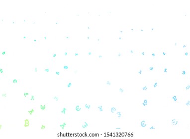 Light Blue, Green vector template with currency. Shining illustration with signs of currency on abstract template. Design for ad, poster, banner of money making.