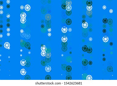 Light Blue, Green vector template with ice snowflakes. Snow on blurred abstract background with gradient. The pattern can be used for new year ad, booklets.