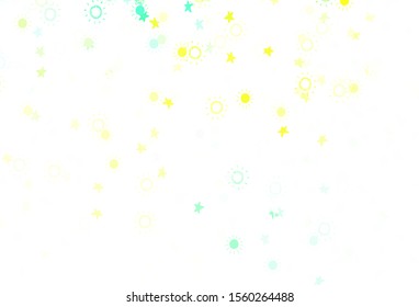 Light Blue, Green vector template with doodle stars, suns. Shining illustration with stars, suns on abstract template. Pattern for astrology websites.