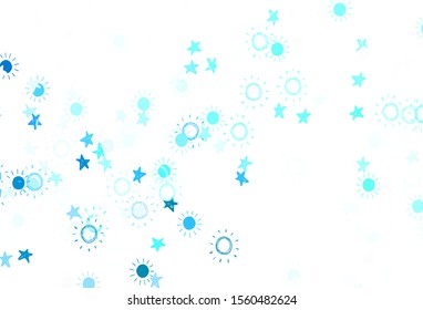 Light Blue, Green vector template with doodle stars, suns. Glitter abstract illustration with colored stars, suns. Pattern for astrology websites.