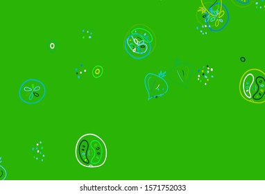Light Blue, Green vector template with organic meal. Colorful decorative design of snacks in doodle style. Template for meal cooking in kitchen.