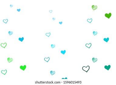 Light Blue, Green vector template with doodle hearts. Blurred decorative design in doodle style with hearts. Pattern for marriage gifts, congratulations.