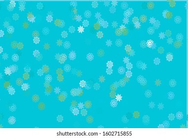 Light Blue, Green vector template with ice snowflakes. Blurred decorative design in xmas style with snow. The template can be used as a new year background.