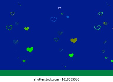 Light Blue, Green vector template with doodle hearts. Decorative design with hearts in simple style . Pattern for valentine's ad, booklets.