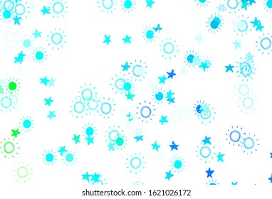 Light Blue, Green vector template with doodle stars, suns. Shining colored illustration with stars, suns. Pattern for astrology websites.