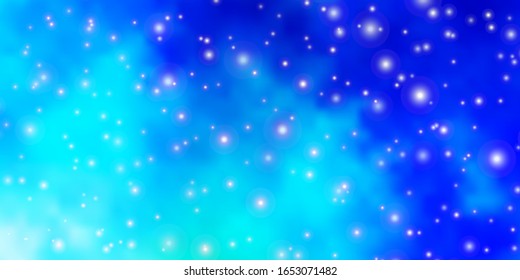 Azul claro, plantilla vectorial verde con estrellas de neón. Brillante ilustración colorida con estrellas pequeñas y grandes. Patrón para envolver regalos.