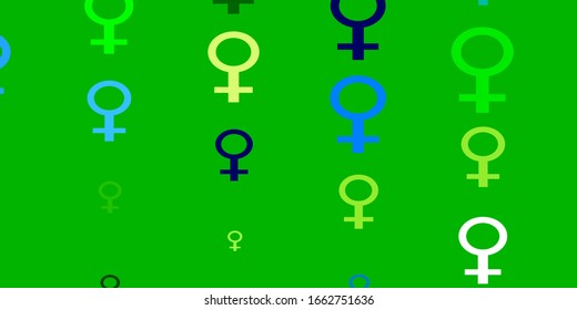 Light Blue, Green vector template with businesswoman signs. Colorful illustration with gradient feminism shapes. Design for landing pages.