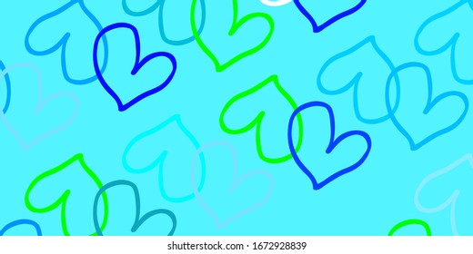 Light Blue, Green vector template with doodle hearts. Decorative shining illustration with hearts on abstract template. Pattern for marriage gifts, congratulations.