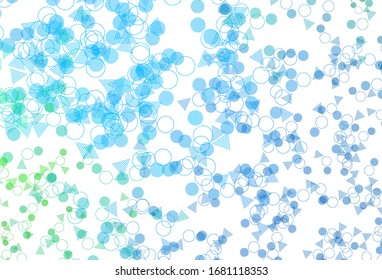 Light Blue, Green vector template with crystals, circles. Decorative design in abstract style with lines, dots. Pattern for websites.
