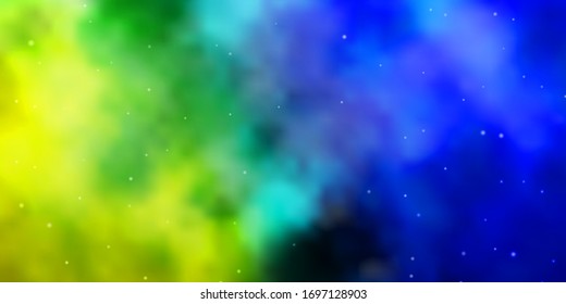 Azul claro, plantilla vectorial verde con estrellas de neón. Brillante ilustración colorida con estrellas pequeñas y grandes. Diseño para su promoción empresarial.