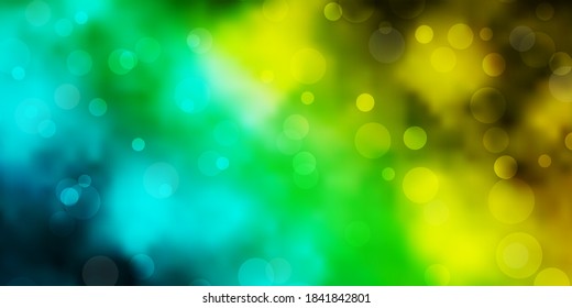 Azul claro, plantilla vectorial verde con círculos. Ilustración con un conjunto de esferas abstractas coloridas y brillantes. Patrón de folletos, folletos.