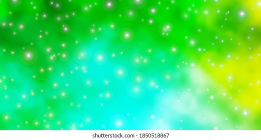 Azul claro, plantilla vectorial verde con estrellas de neón. Diseño decorativo desdibujado en un estilo sencillo con estrellas. Mejor diseño para tu anuncio, afiche, banner.