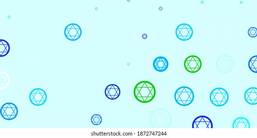 Light Blue, Green vector template with esoteric signs. Colorful vintage illustration with gradient alchemy shapes. Background for esoteric, mystic designs.