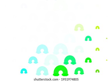 Azul claro, plantilla vectorial verde con señales arco iris. Ilustración con signos aislados de arco iris. Esbozo para diseños divertidos.