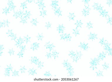 Azul claro, plantilla vectorial verde con copos de nieve hielo, estrellas. Ilustración coloreada degradada con nieve al estilo navideño. Plantilla para el fondo de Año Nuevo.