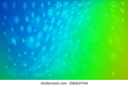 Hellblaue, grüne Vektorvorlage mit Eisschneeflocken. Dekorative, leuchtende Illustration mit Schnee auf abstrakter Vorlage. Neues Jahr Design für Ihre Anzeige, Poster, Banner.
