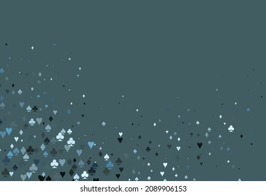 Light Blue, Green vector template with poker symbols. Colorful gradient with signs of hearts, spades, clubs, diamonds. Design for ad, poster, banner of gambling websites.